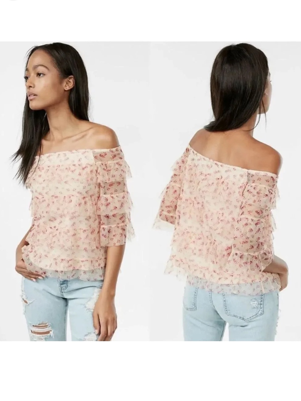 XS Express ditsy floral Off-Shoulder Pink Floral Ruffle Top